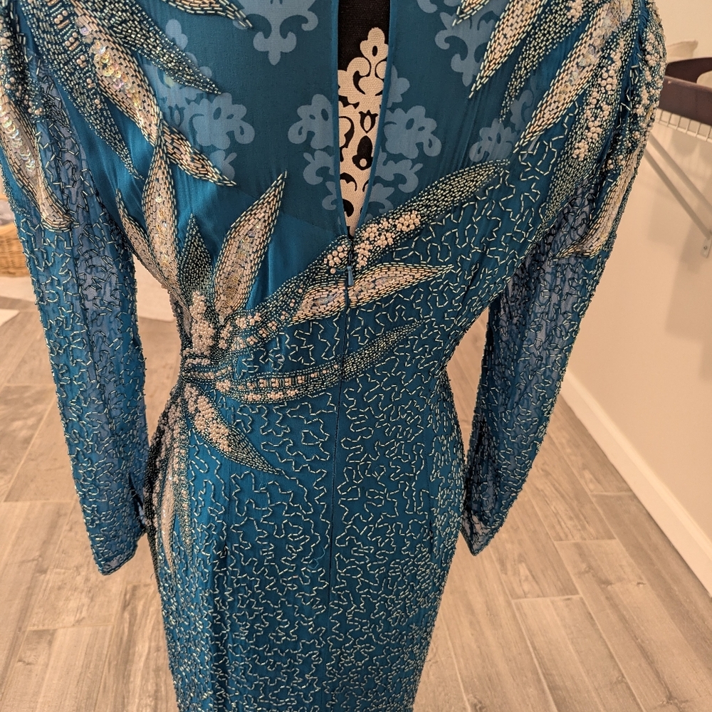 AJ Bari VTG Silk Blue Sequin Beaded Dress 10 - Picture 5 of 10